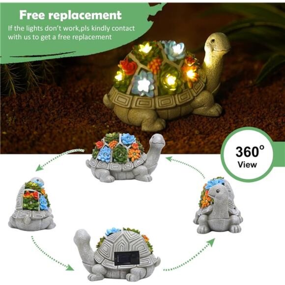 Solar Garden Outdoor Statues Turtle with Succulent and 7 LED Lights - Lawn Decor - Picture 3 of 7